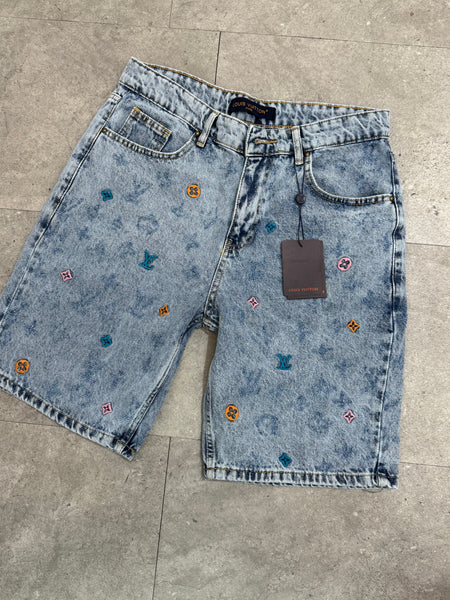 Louis Vuitton Monogram Embroidered Acid Wash Denim Shorts - NEW1655