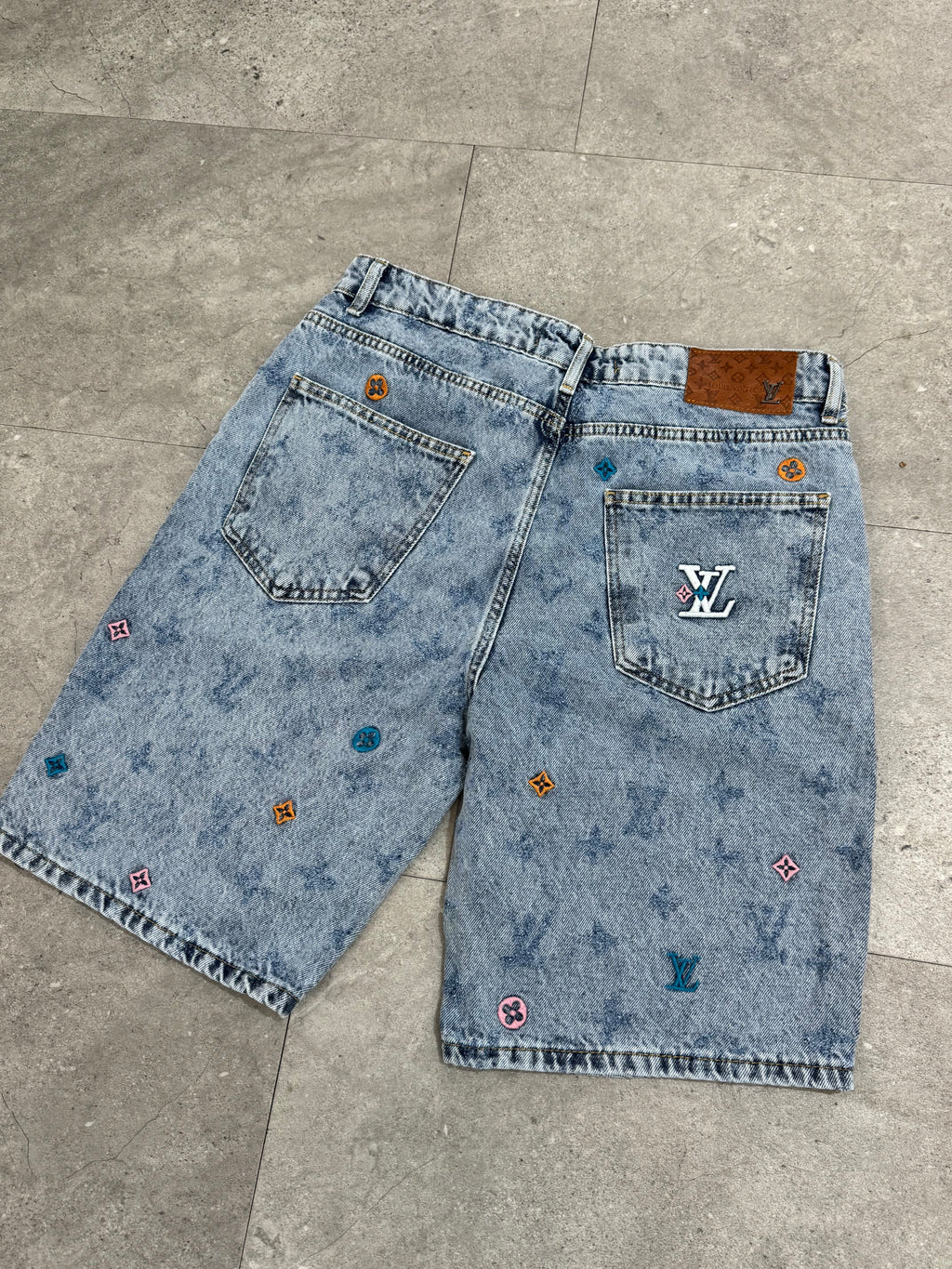 Louis Vuitton Monogram Embroidered Acid Wash Denim Shorts - NEW1655