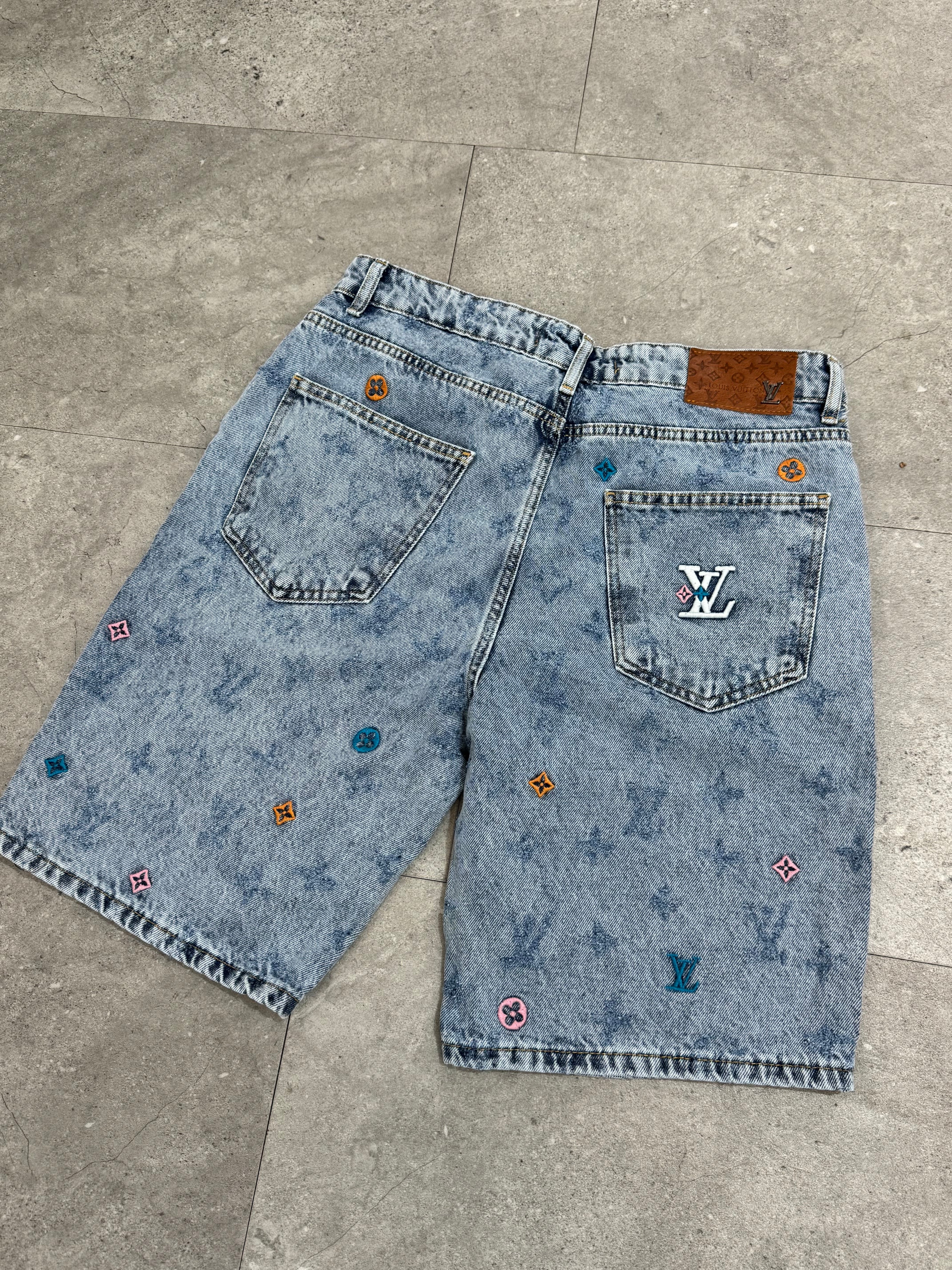 Louis Vuitton Monogram Embroidered Acid Wash Denim Shorts - NEW1655