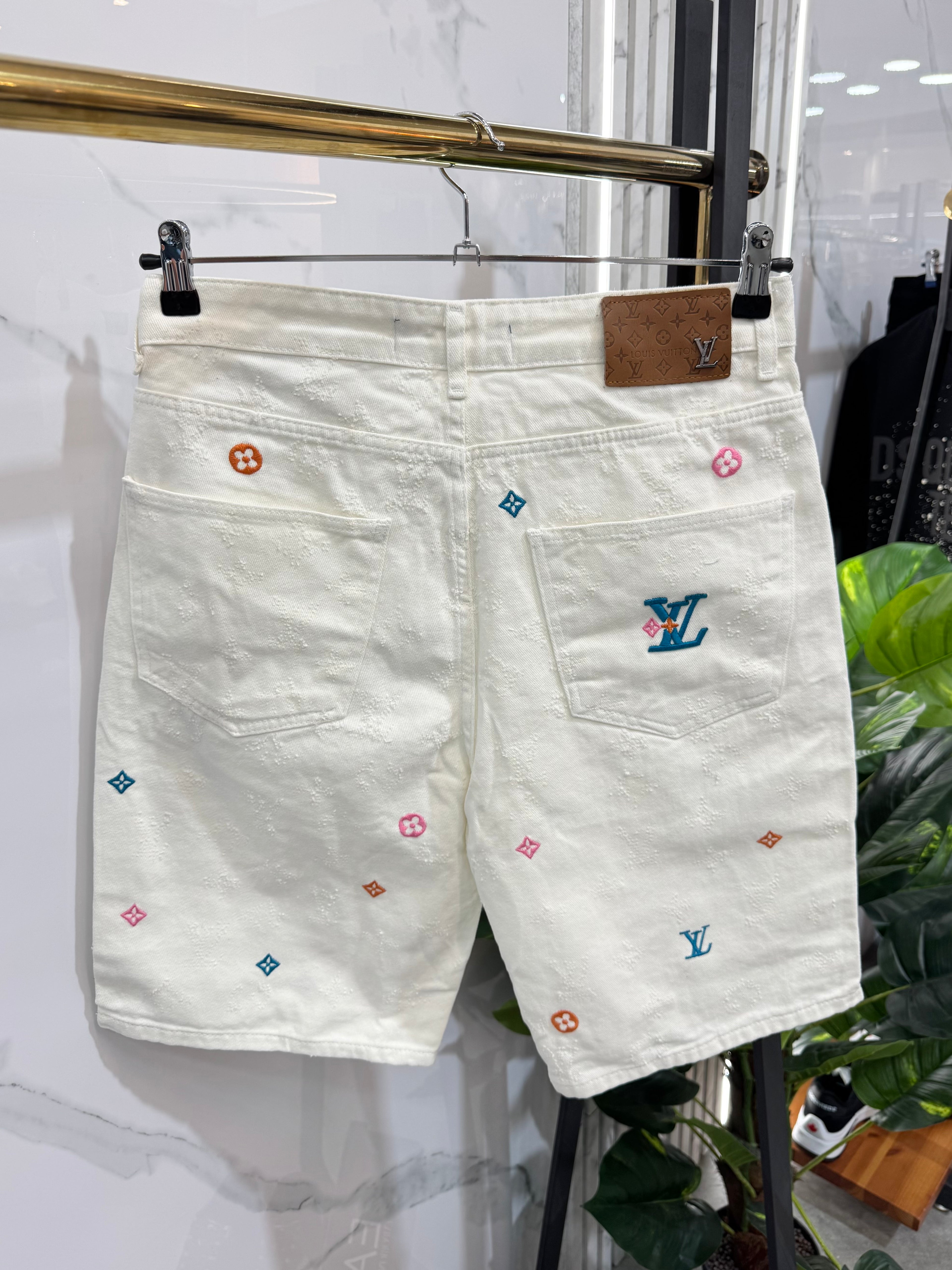 Louis Vuitton Monogram Embroidered White Denim Shorts - NEW1654