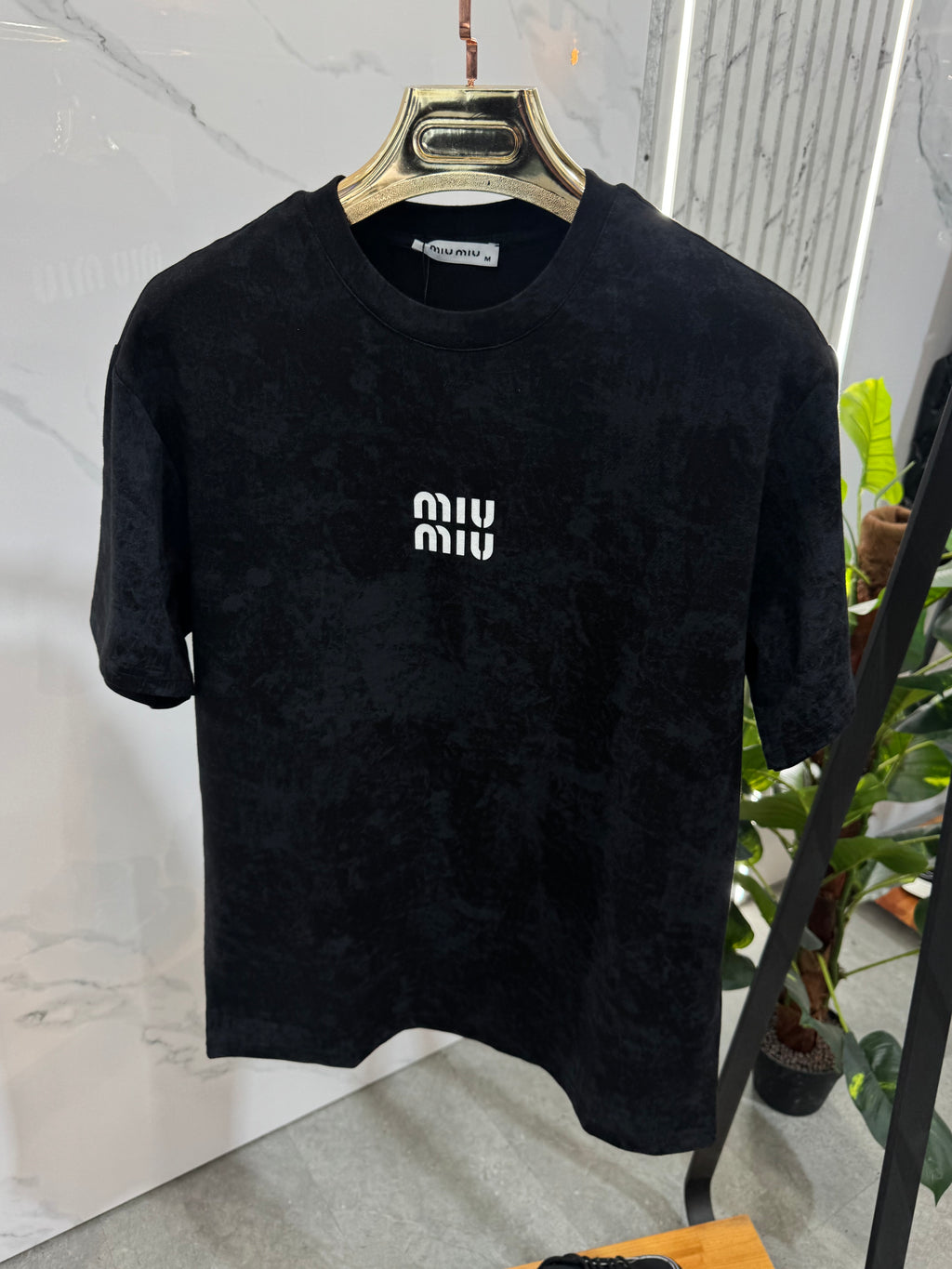 MIU MIU Acid-Wash Velvet Logo T-Shirt – Black - NEW1918
