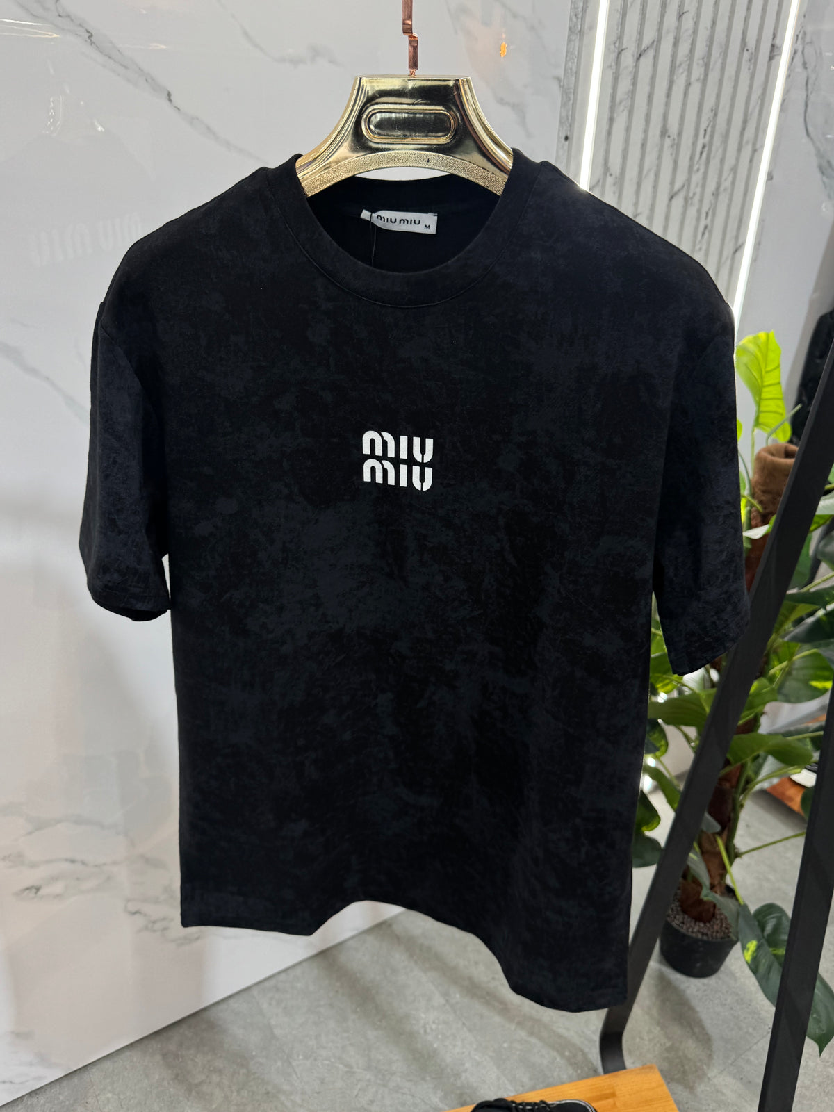 MIU MIU Acid-Wash Velvet Logo T-Shirt – Black - NEW1918