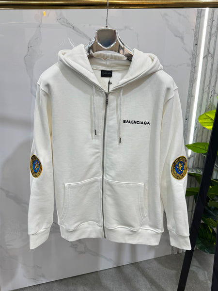 BALENCIAGA Crest Patch Zip-Up Hoodie – White - NEW1939