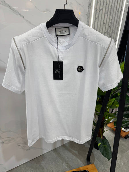 PHILIPP PLEIN Quilted Shoulder Zipper T-Shirt – White - NEW1763