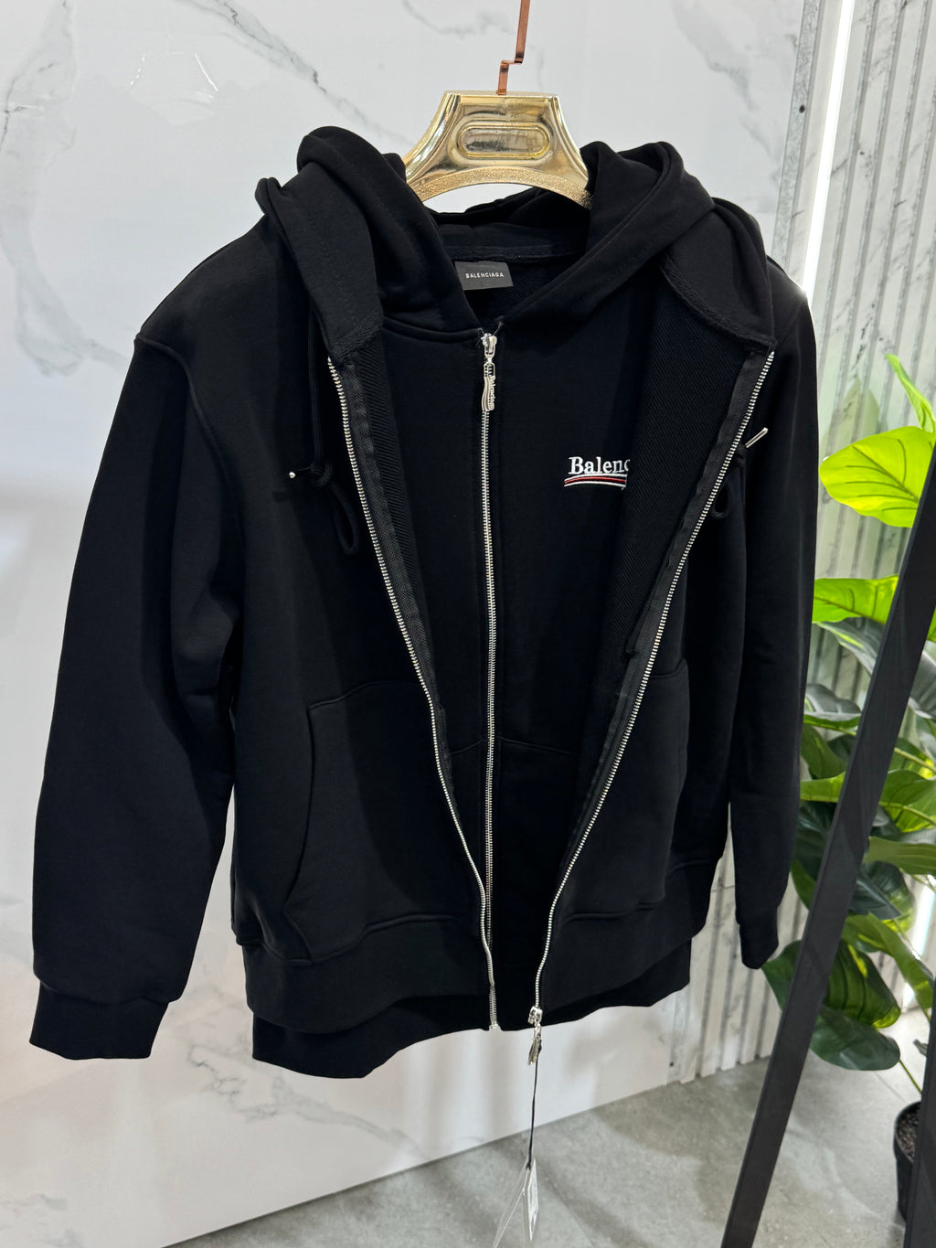 BALENCIAGA Political Campaign Double-Layered Zip-Up Hoodie – Black - NEW1937