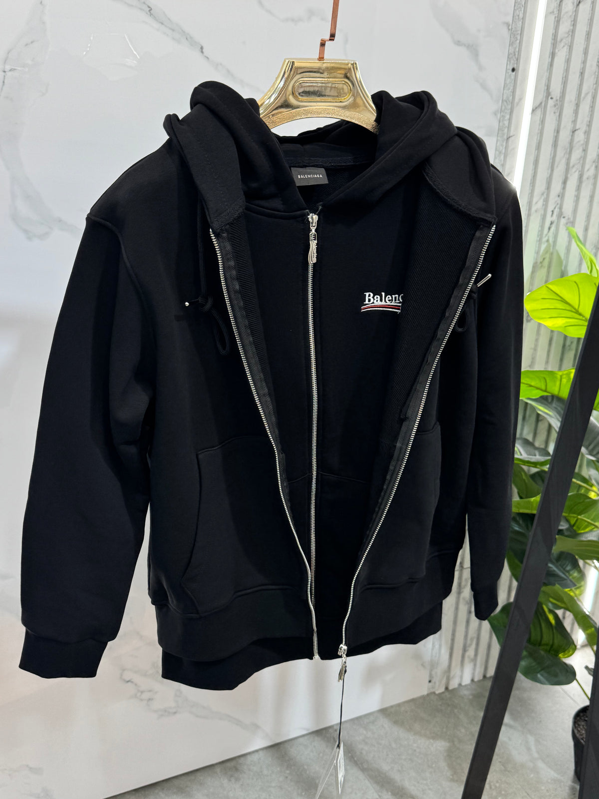 BALENCIAGA Political Campaign Double-Layered Zip-Up Hoodie – Black - NEW1937