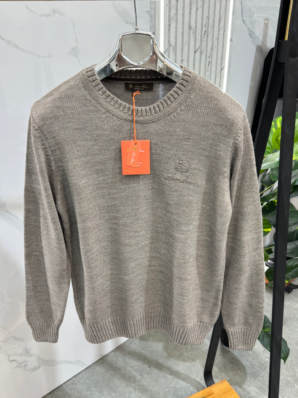 LORO PIANA Crest Embroidered Knit Sweater – Taupe - NEW1955