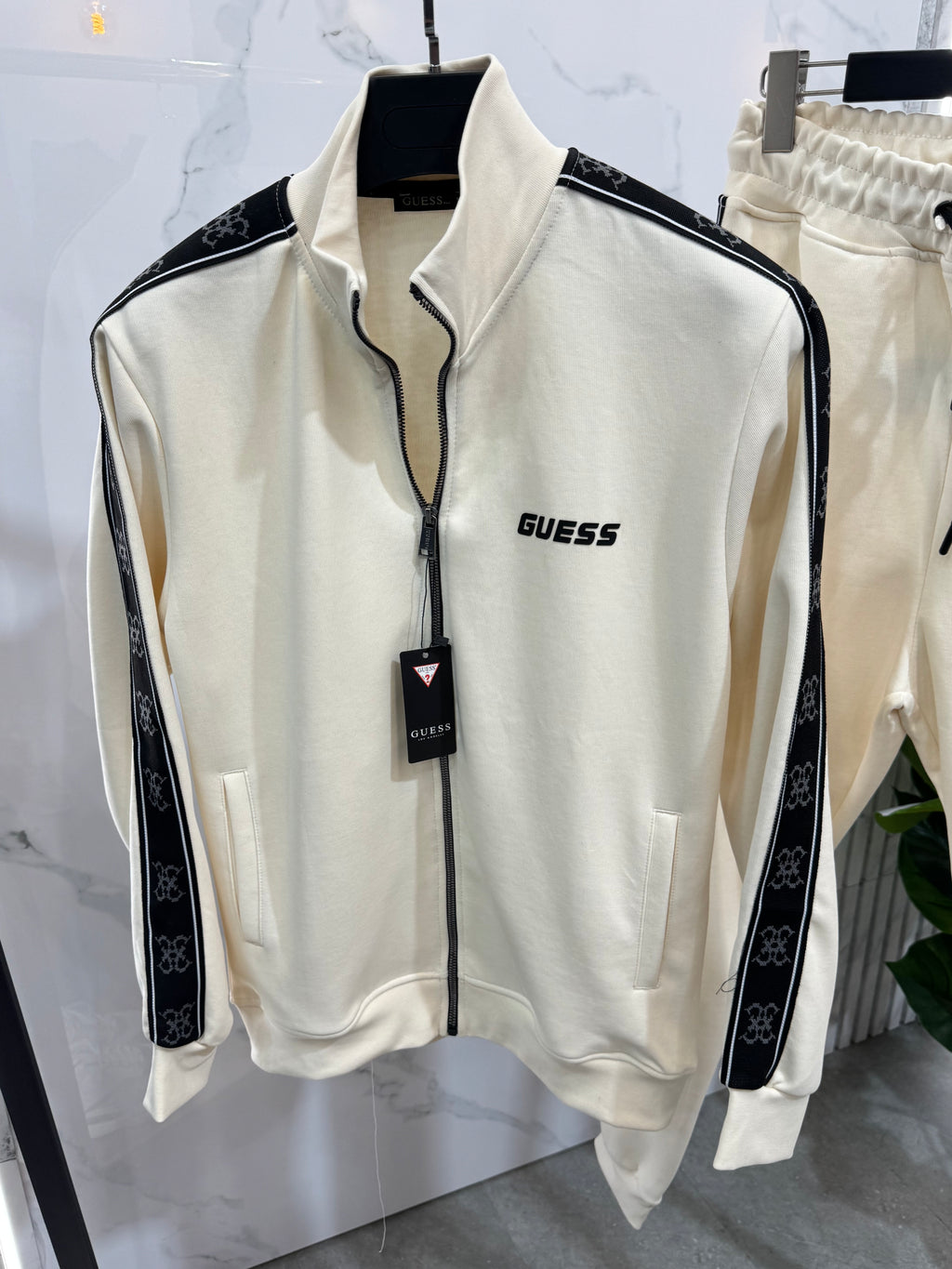 GUESS Logo Tape Tracksuit Set – Cream / Black - NEW1987
