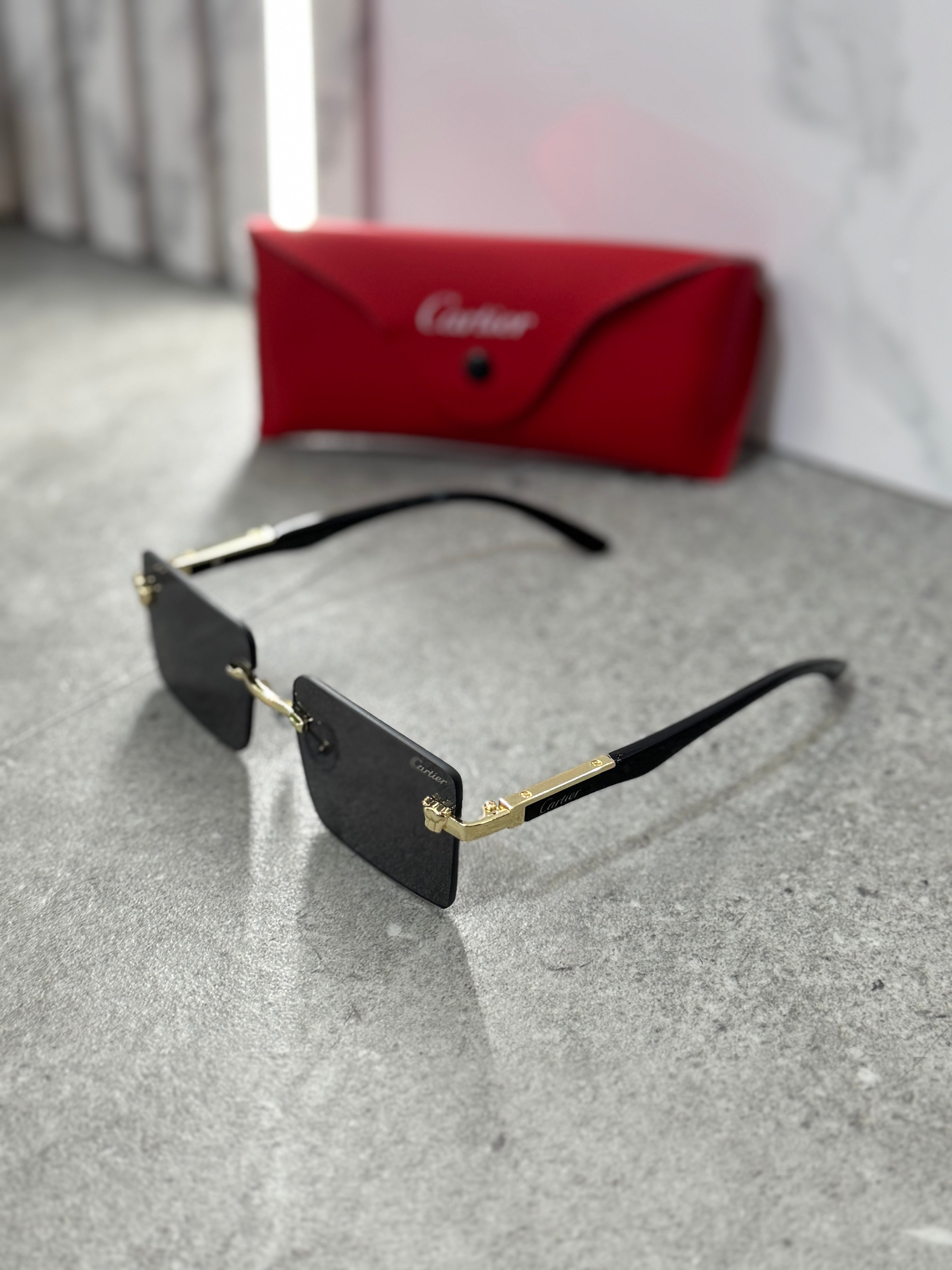 CARTIER Panthère Rimless Rectangular Sunglasses – Gold / Grey NEW1798