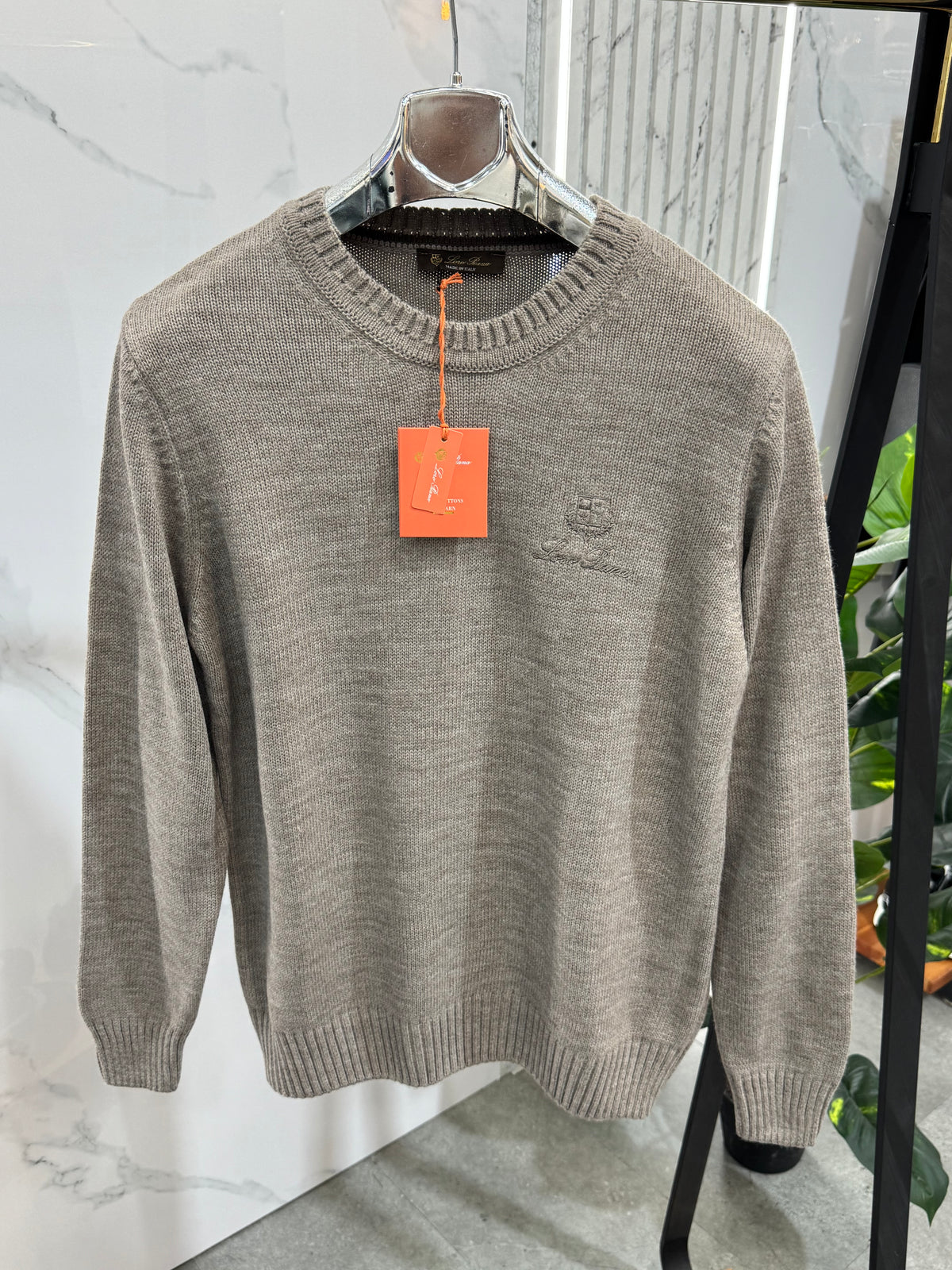 LORO PIANA Crest Embroidered Knit Sweater – Taupe - NEW1955