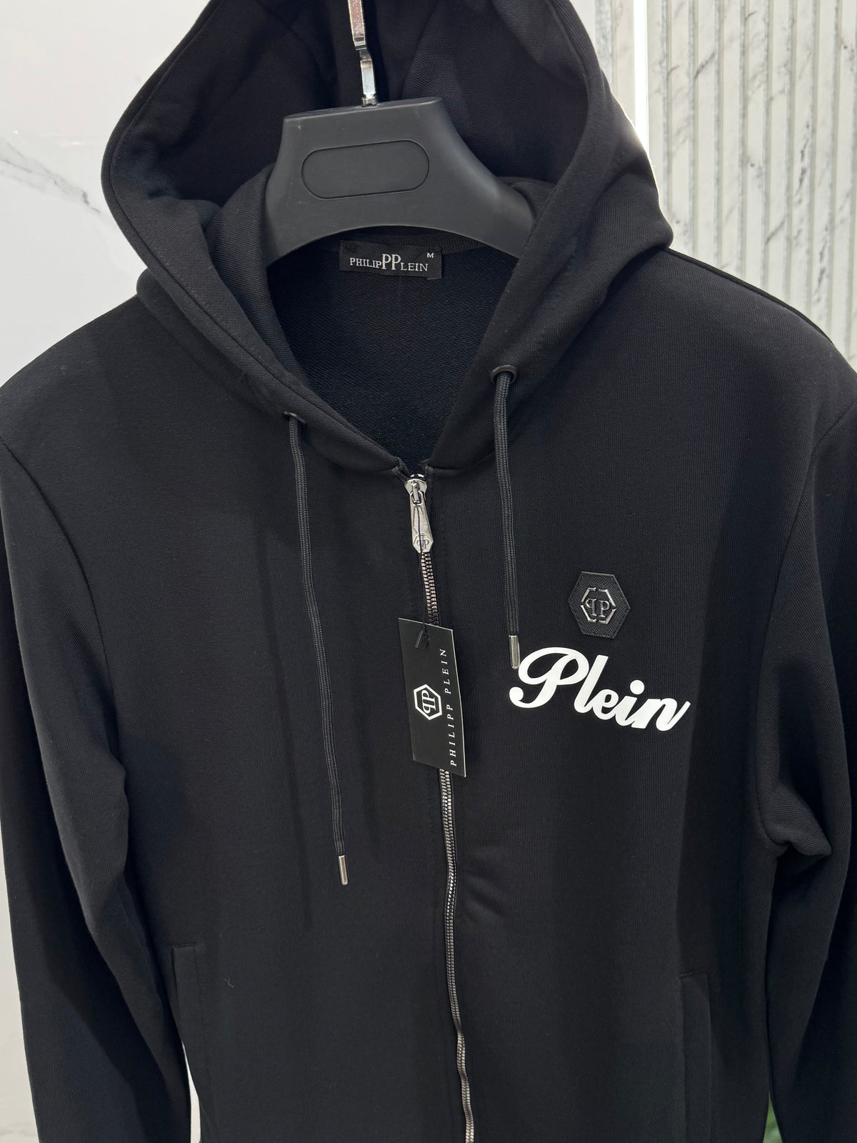 PHILIPP PLEIN Script Logo Hexagon Zipped Hoodie – Black - NEW1980