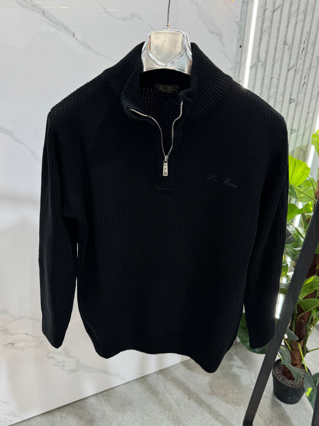 LORO PIANA Ribbed Half-Zip Knit Sweater – Black - NEW1956