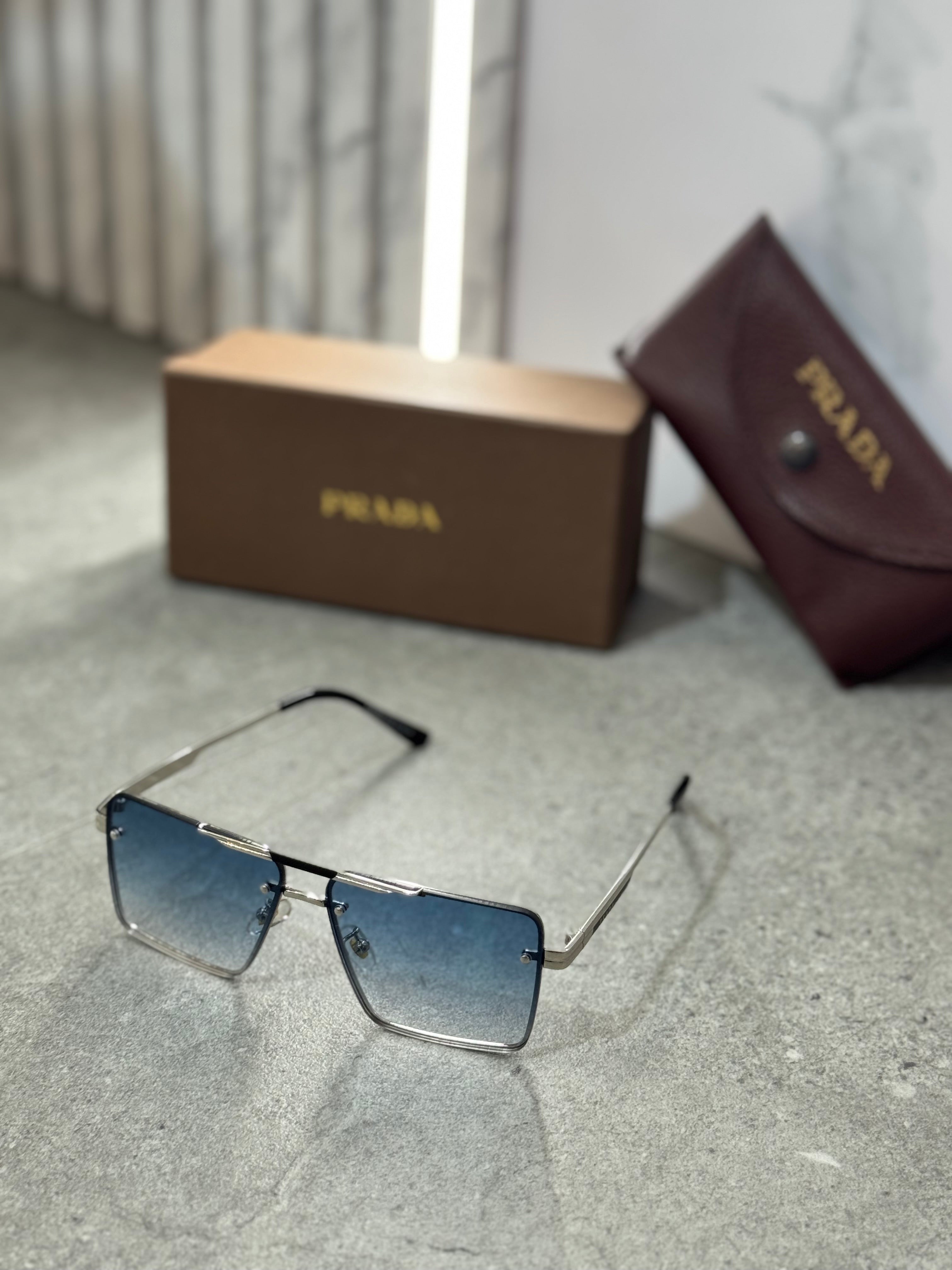 PRADA Rimless Gradient Square Sunglasses – Silver / Blue NEW1795