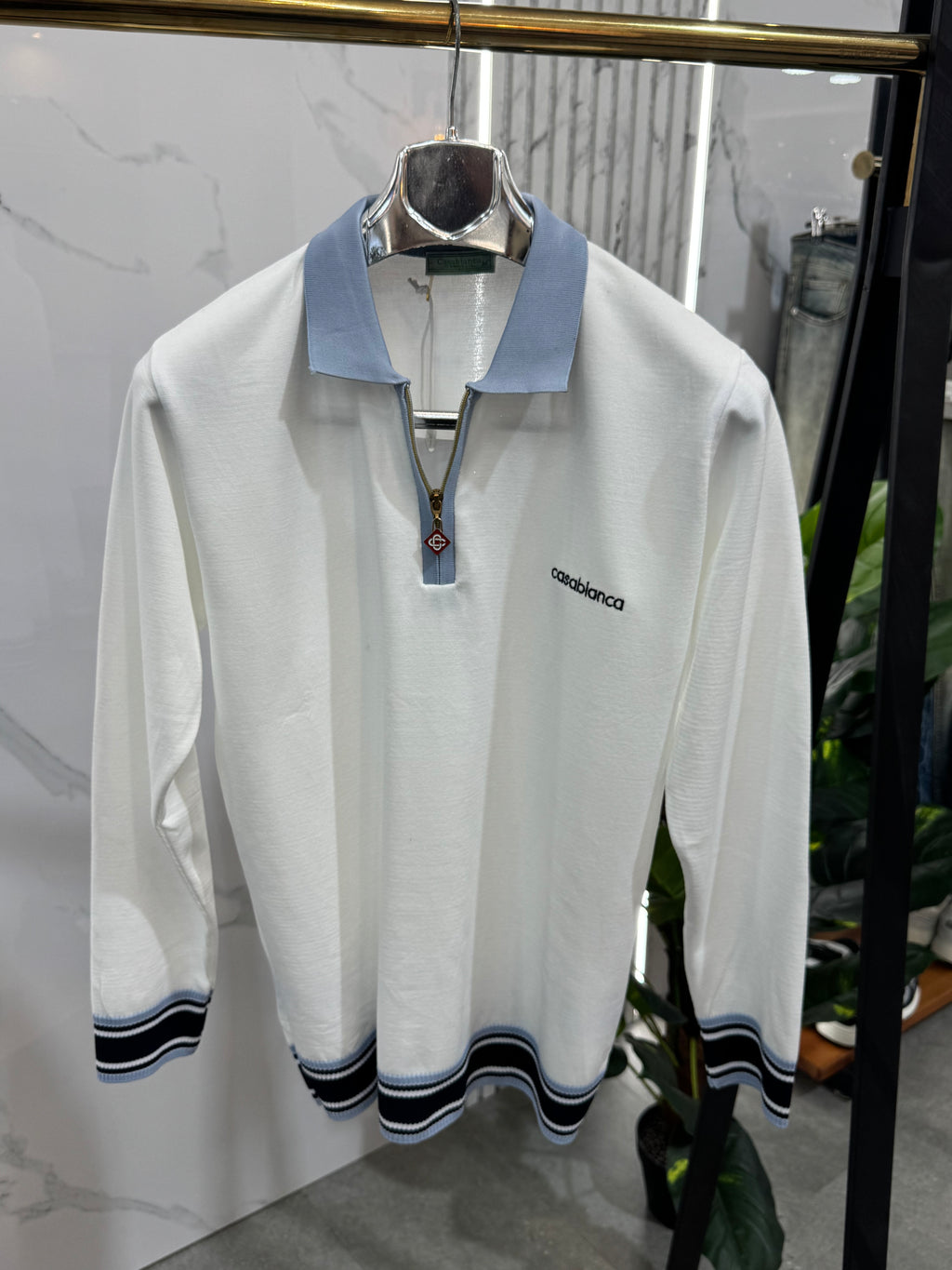 CASABLANCA Long-Sleeve Zip-Collar Polo – White / Light Blue - NEW1865