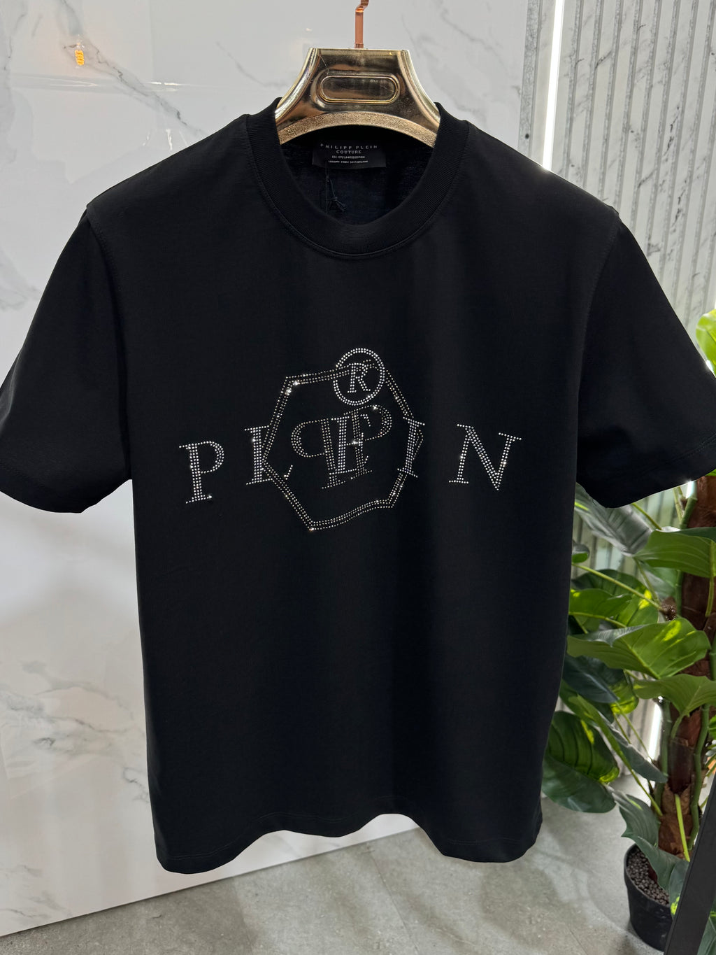 PHILIPP PLEIN Rhinestone Hexagon T-Shirt – Black - NEW1898