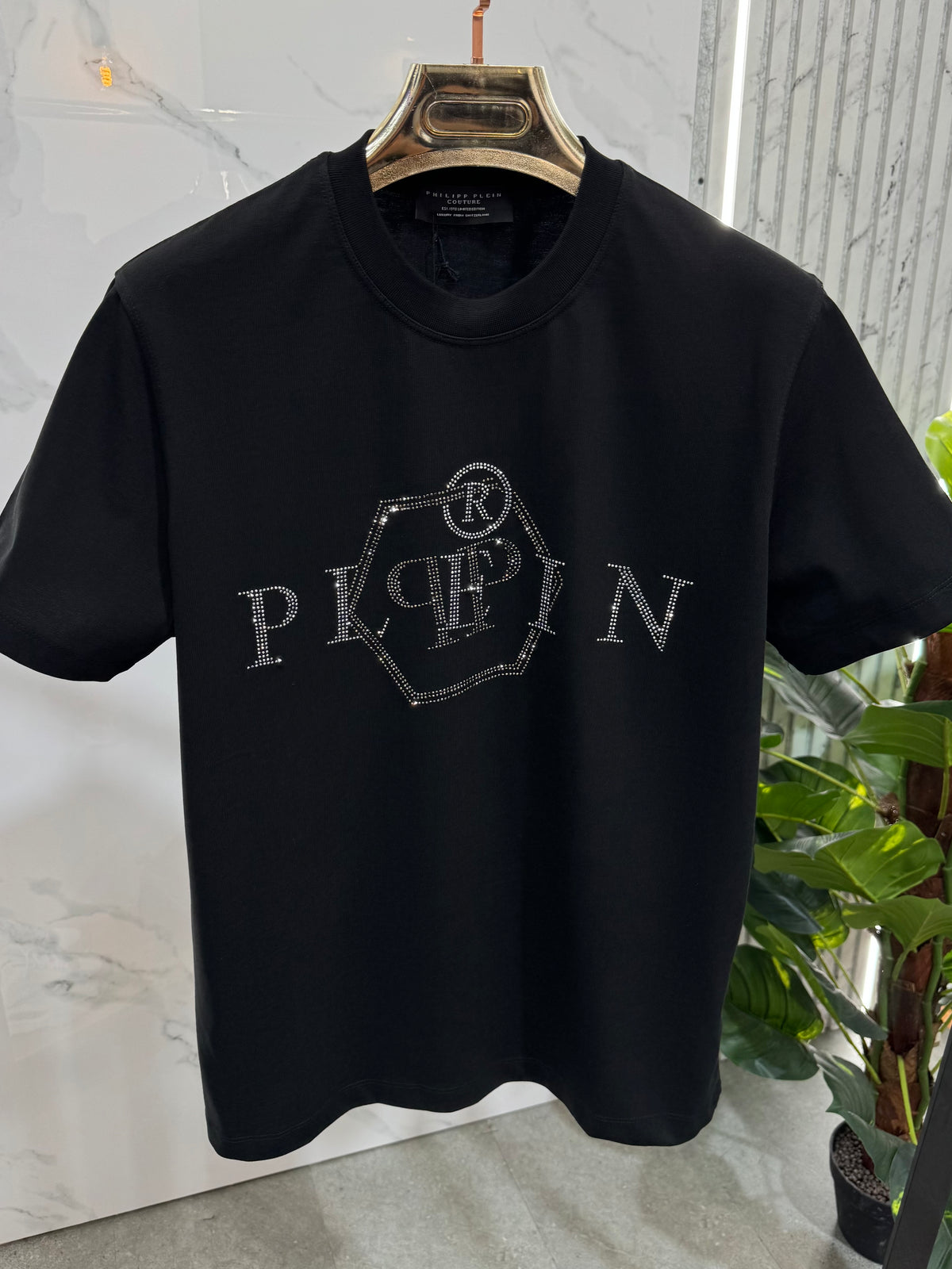 PHILIPP PLEIN Rhinestone Hexagon T-Shirt – Black - NEW1898