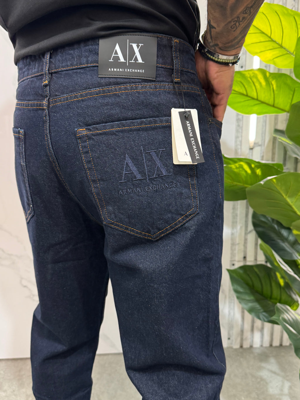 ARMANI EXCHANGE Embossed Pocket Patch Raw Slim Denim Jeans – Dark Raw Indigo - NEW1996