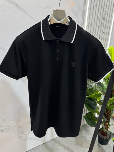 HUGO BOSS Tipped Collar Short-Sleeve Polo Shirt – Black - NEW1966