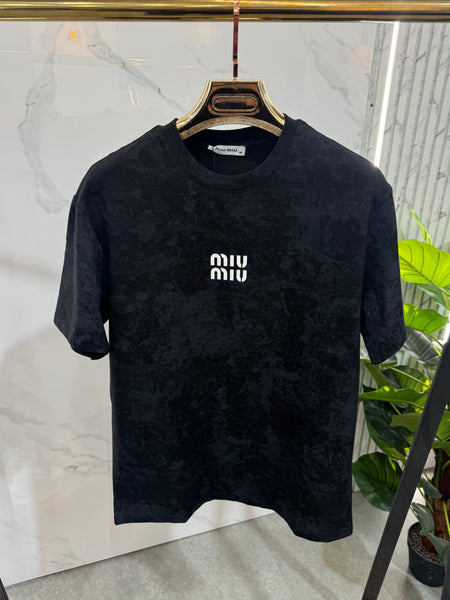 MIU MIU Acid-Wash Velvet Logo T-Shirt – Black - NEW1918