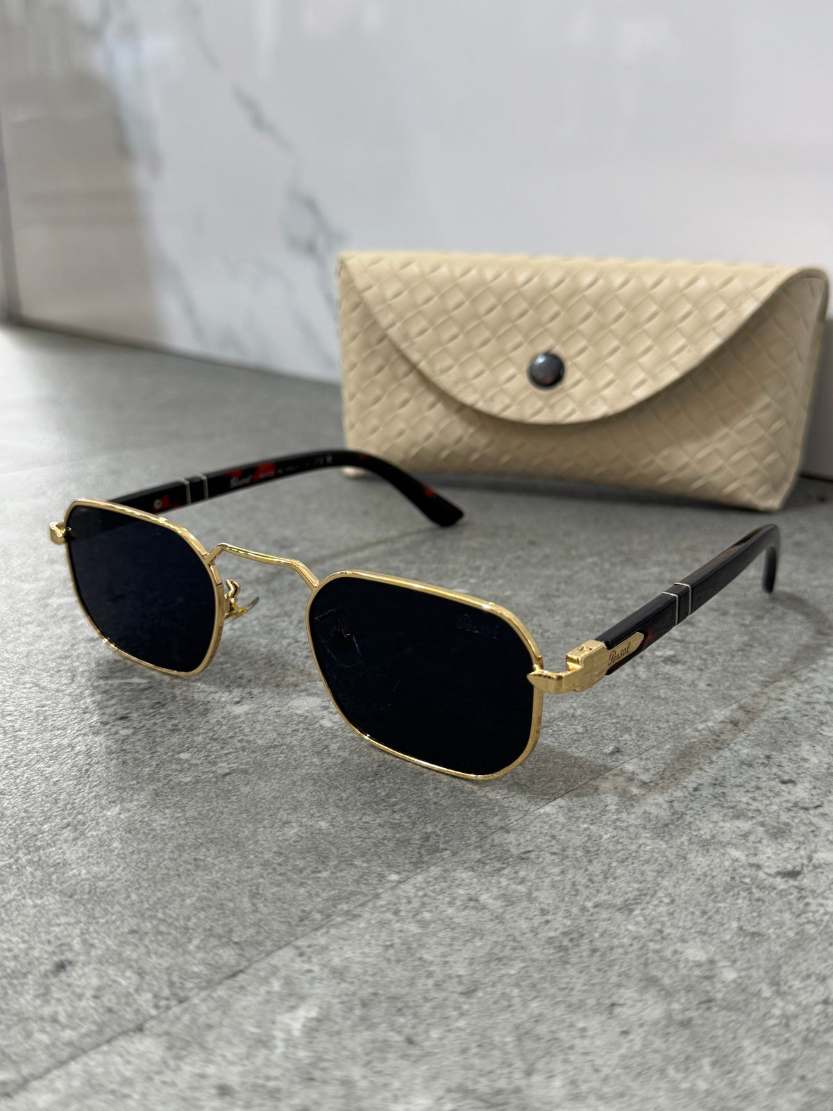 PERSOL Hexagonal Metal Frame Sunglasses – Gold / Tortoise (Dark Lenses) - NEW1906