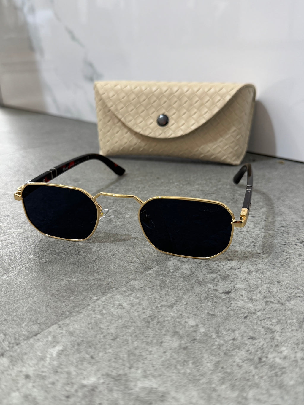 PERSOL Hexagonal Metal Frame Sunglasses – Gold / Tortoise (Dark Lenses) - NEW1906