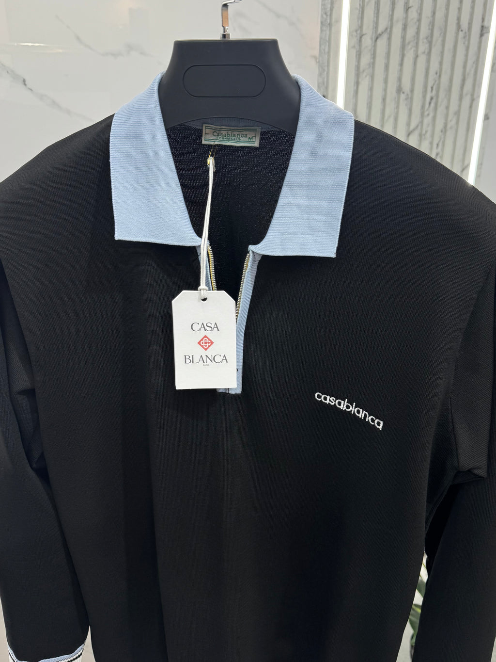 CASABLANCA Long-Sleeve Zip-Collar Polo – Black / Light Blue - NEW1864