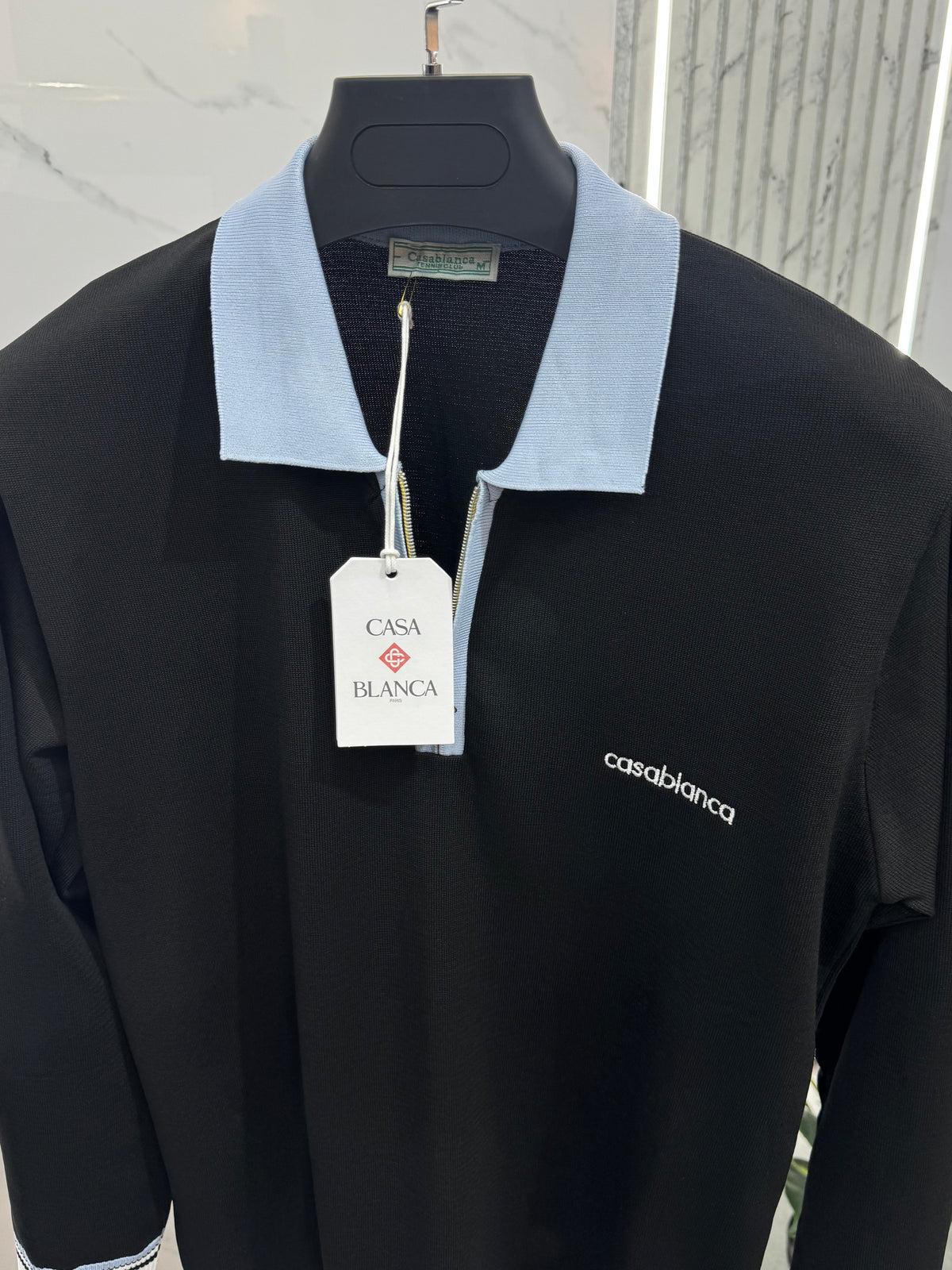 CASABLANCA Long-Sleeve Zip-Collar Polo – Black / Light Blue - NEW1864