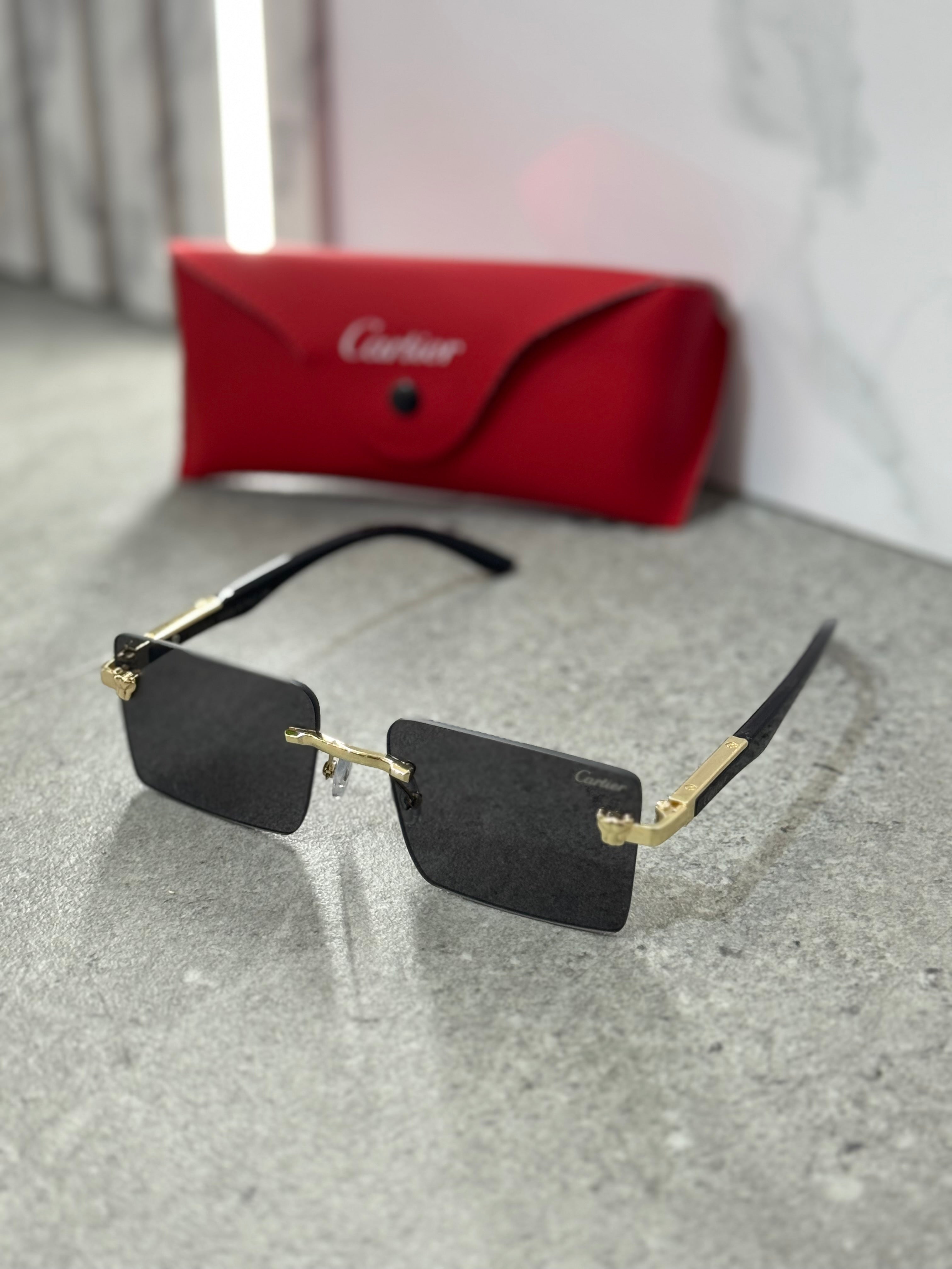 CARTIER Panthère Rimless Rectangular Sunglasses – Gold / Grey NEW1798