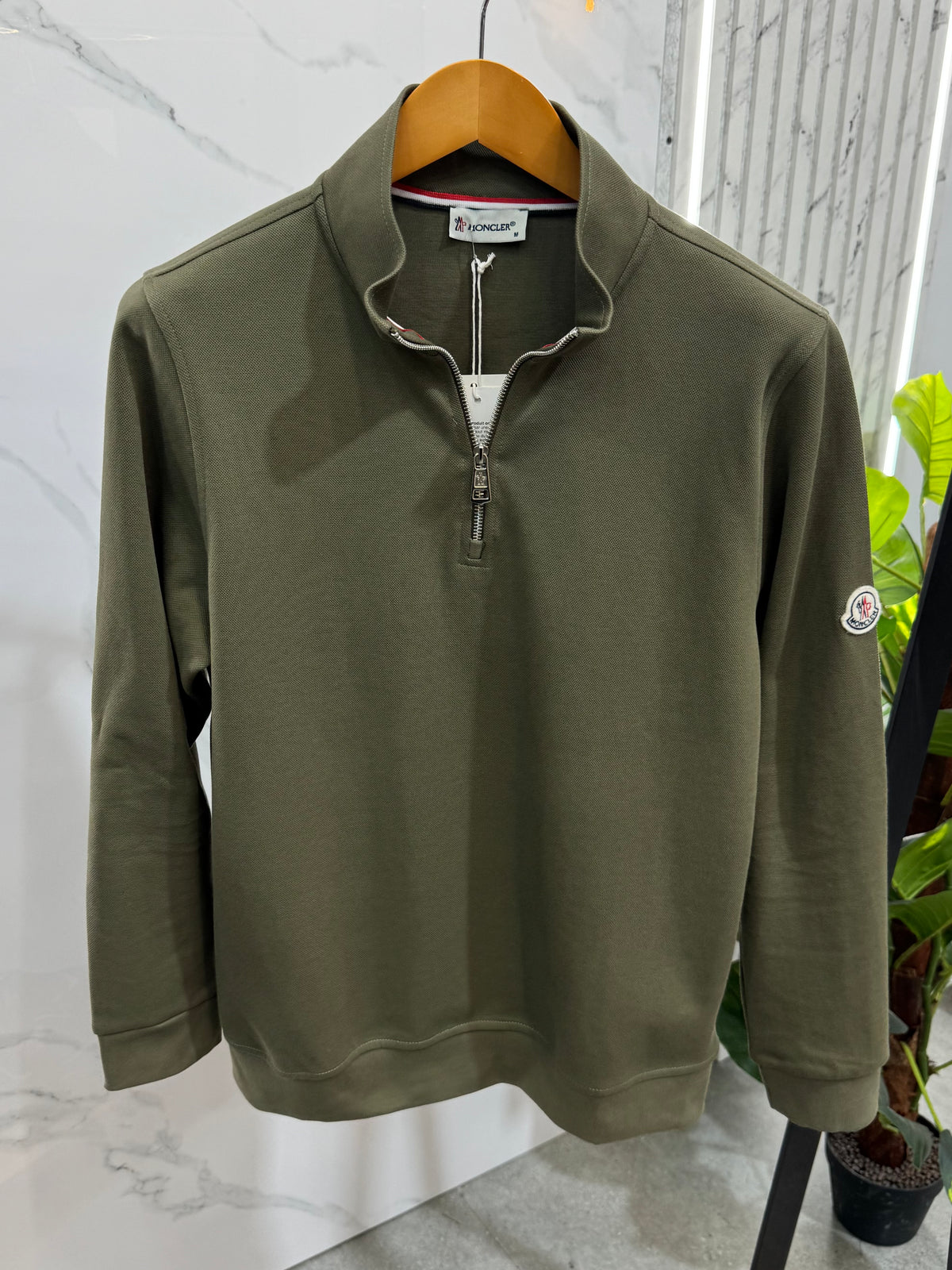MONCLER Felt Logo Felt Patch Half-Zip Sweatshirt – Olive Green - NEW1957