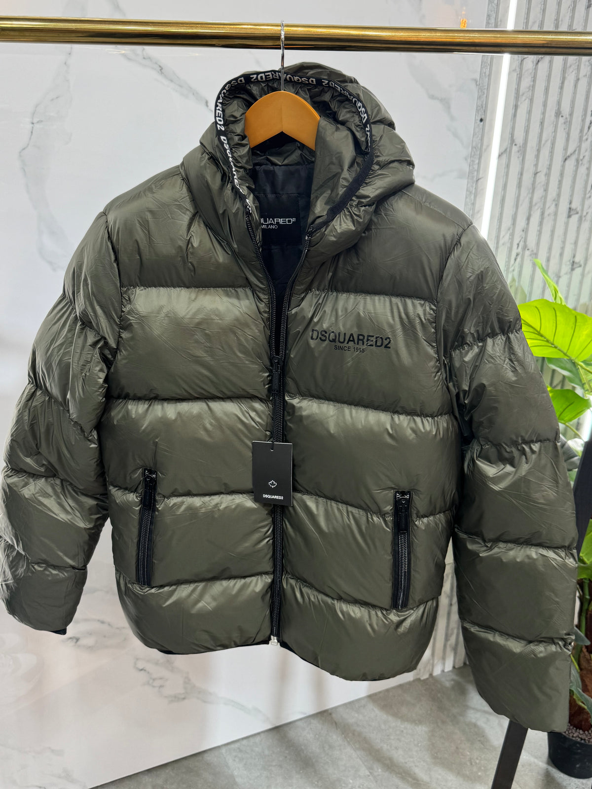 Glossy Hooded Puffer Jacket – Khaki - NEW1934