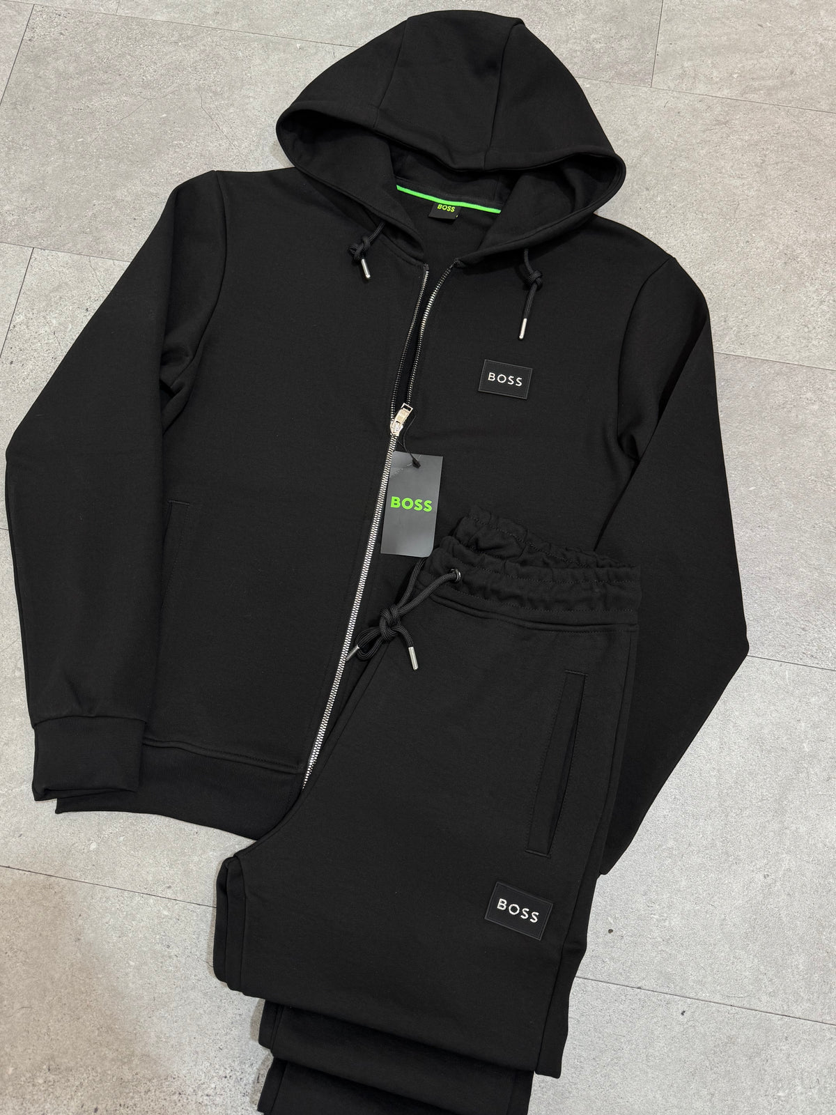 BOSS Silicone Patch Zipped Hoodie Tracksuit Set – Black - NEW1988