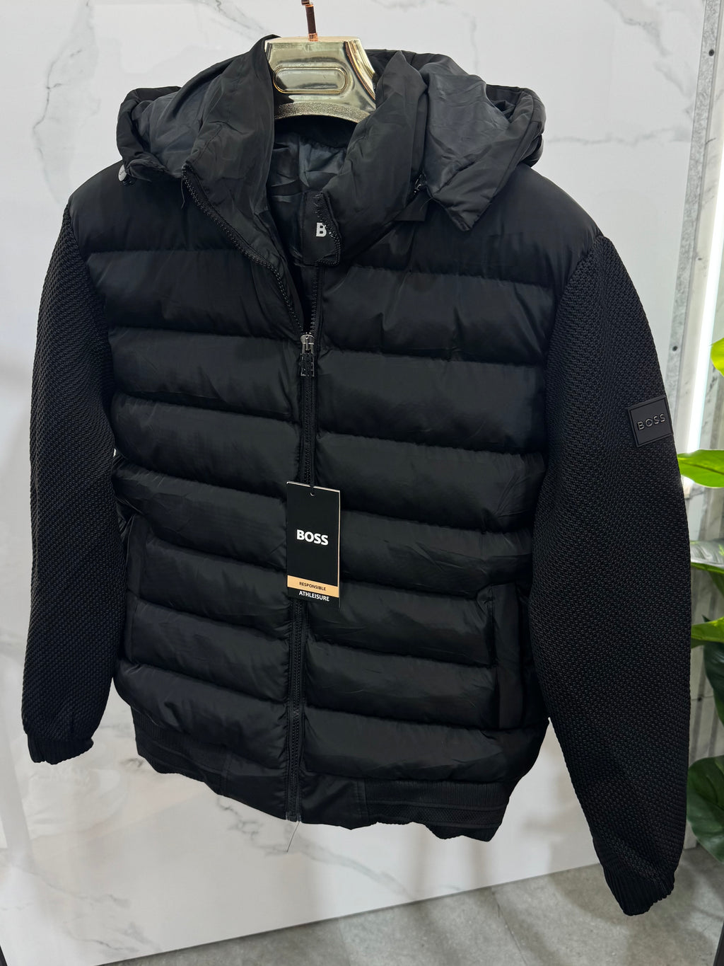 BOSS Hybrid Knit & Down Puffer Jacket – Black - NEW1931