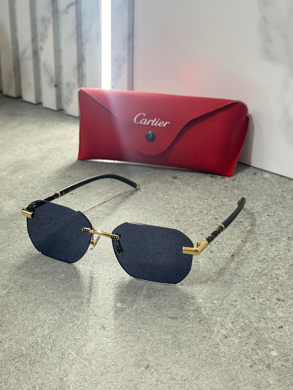 CARTIER Rimless Octagon Sunglasses – Gold / Dark Blue NEW1797