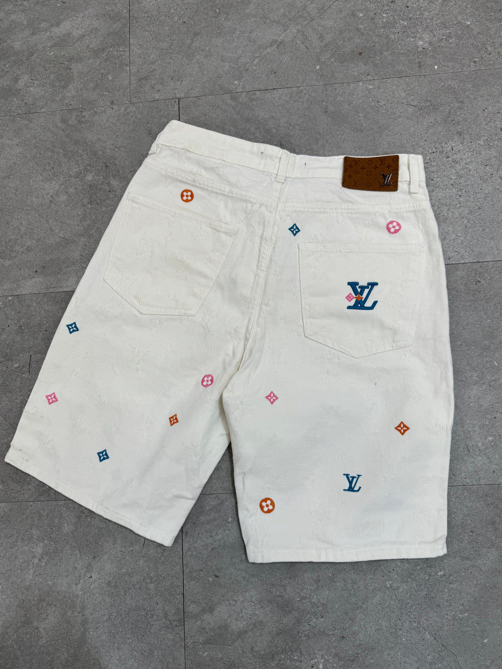 Louis Vuitton Monogram Embroidered White Denim Shorts - NEW1654