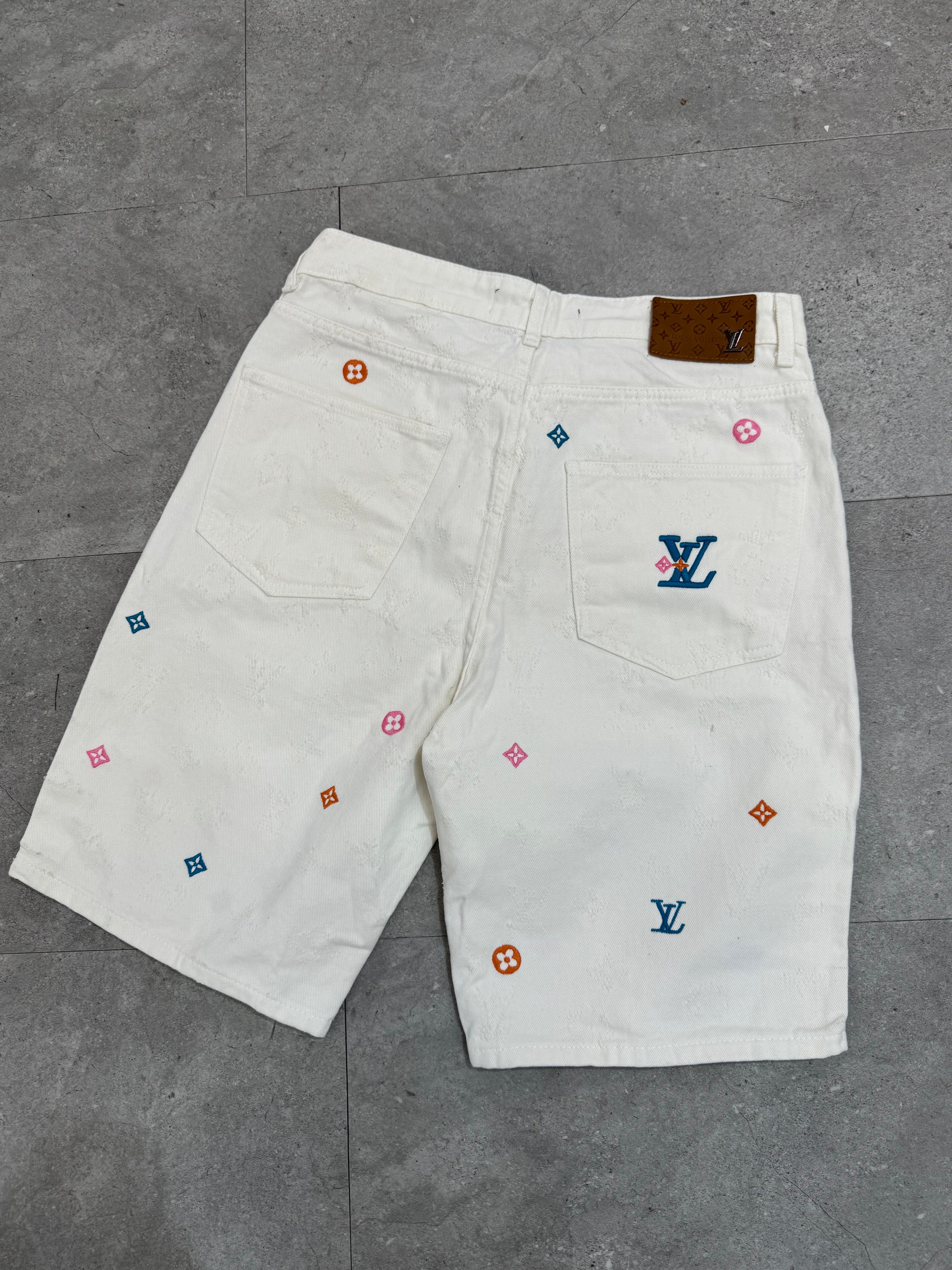 Louis Vuitton Monogram Embroidered White Denim Shorts - NEW1654
