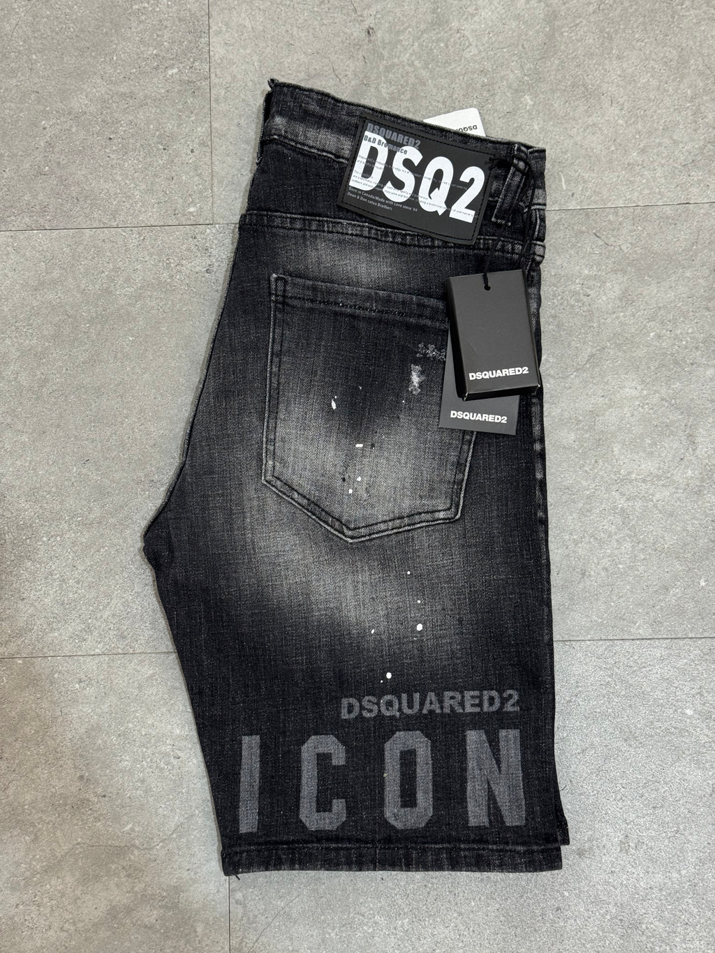 DSQUARED2 Icon Patch & Paint Denim Shorts – Black/Grey - NEW1779