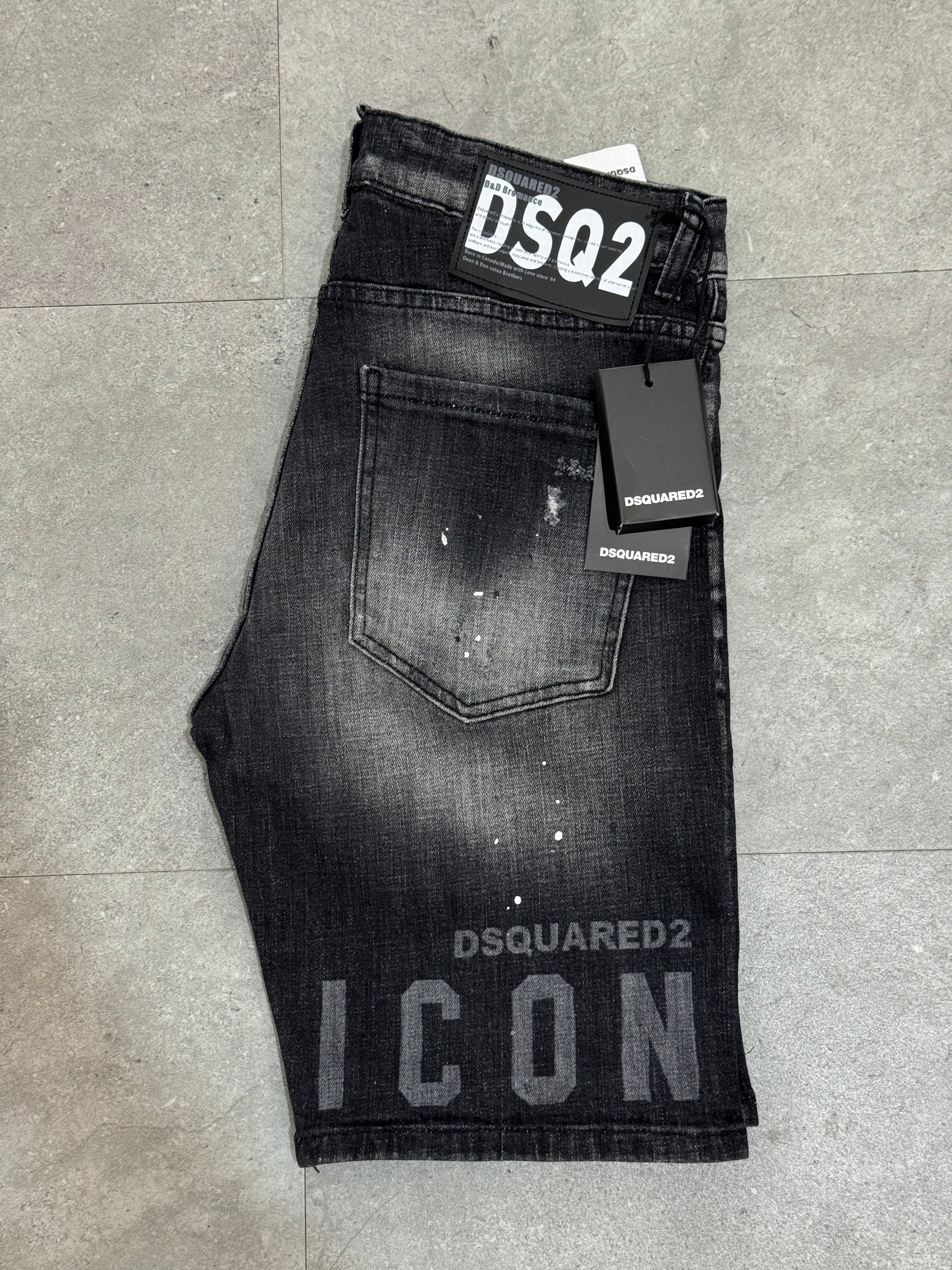 DSQUARED2 Icon Patch & Paint Denim Shorts – Black/Grey - NEW1779