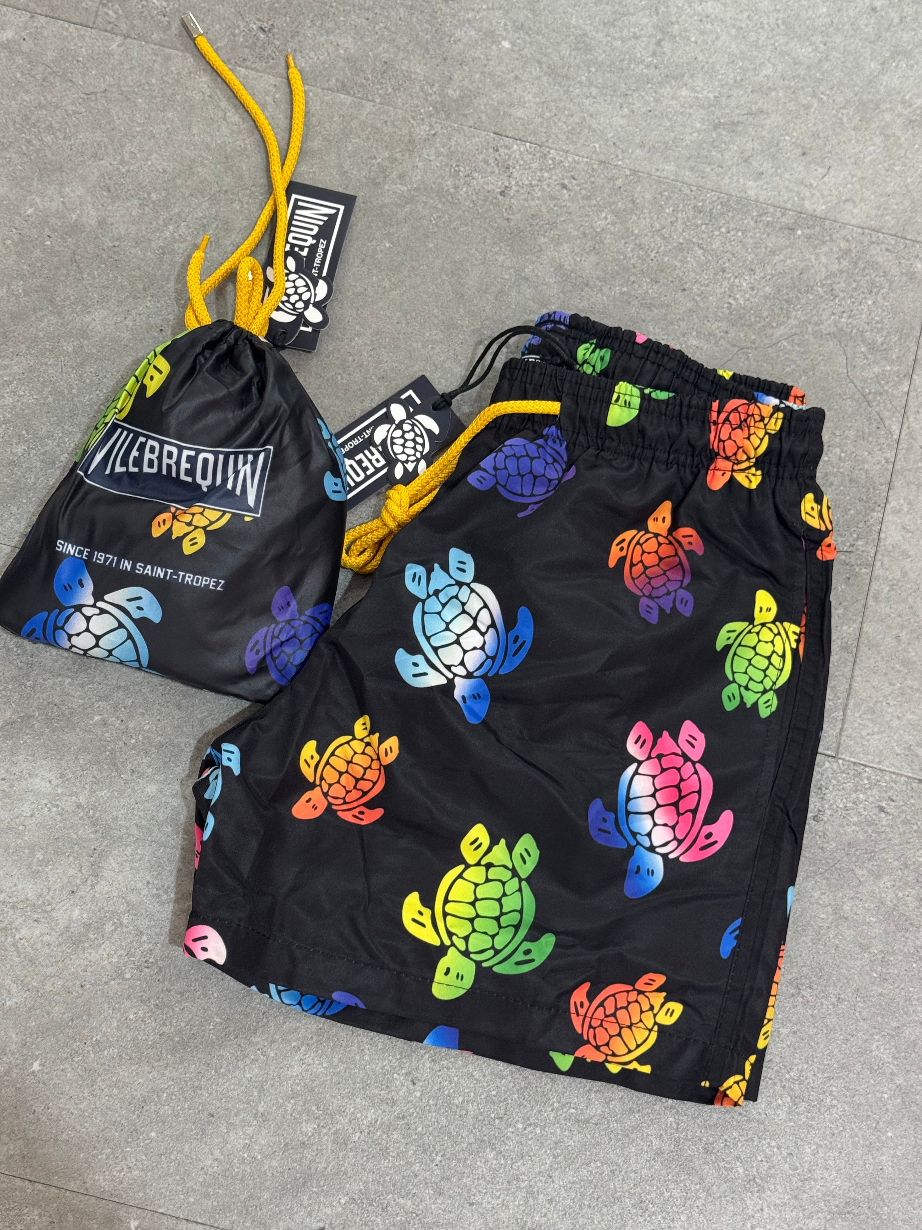VILEBREQUIN Packable Neon Rainbow Turtles Swim Shorts – Black - NEW1787