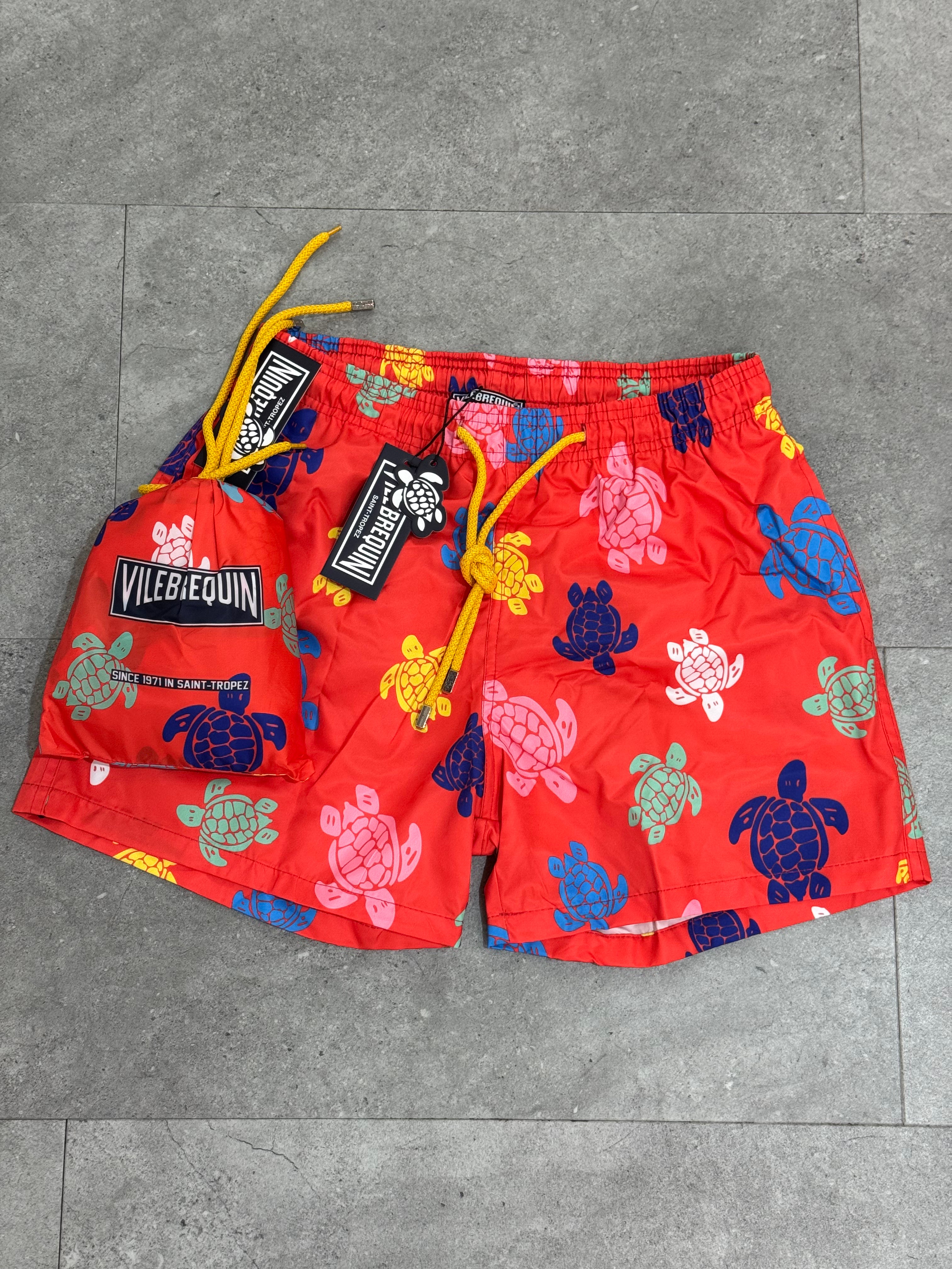 VILEBREQUIN Packable Multi-Color Turtles Swim Shorts – Red - NEW1786