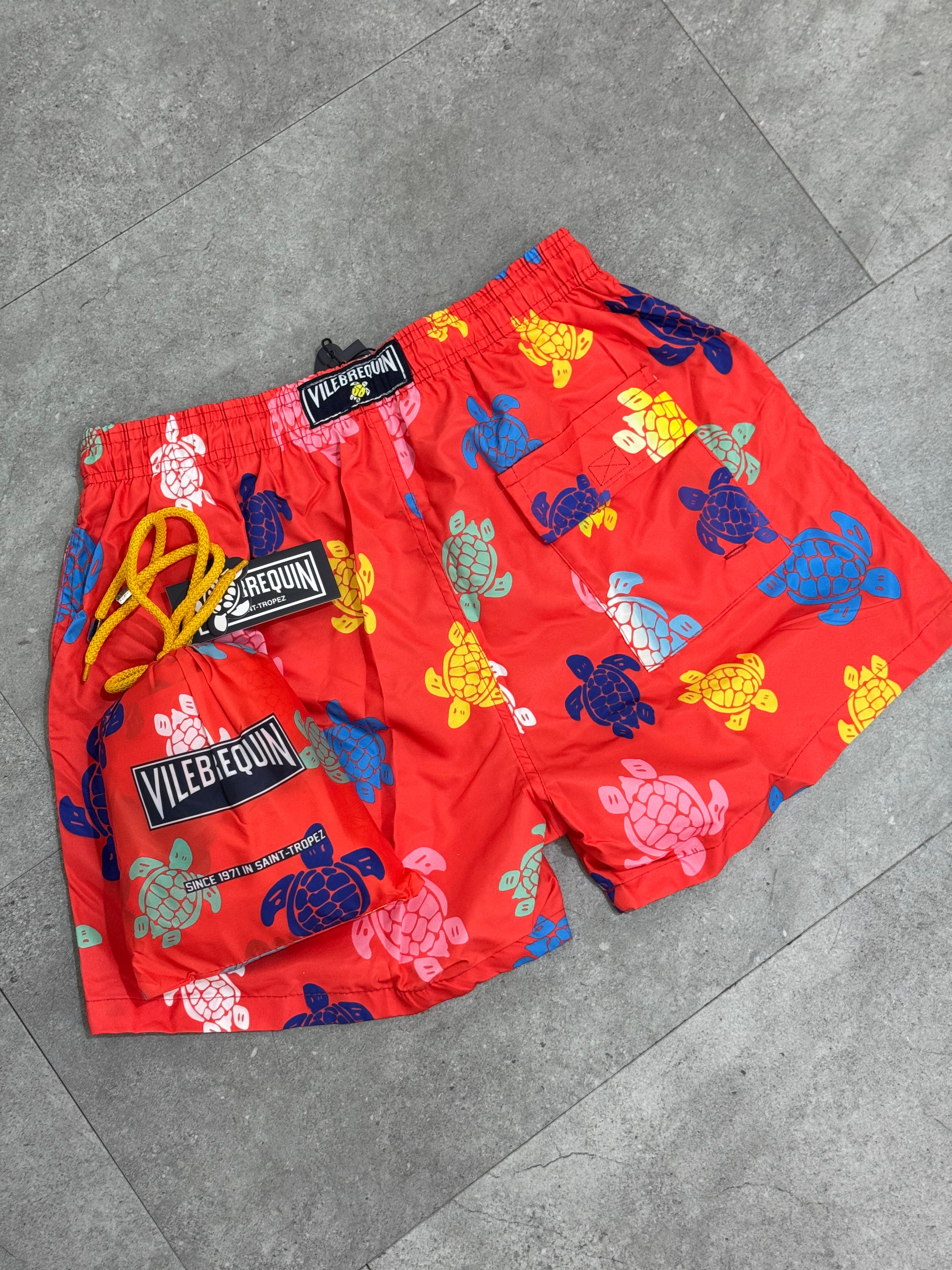 VILEBREQUIN Packable Multi-Color Turtles Swim Shorts – Red - NEW1786