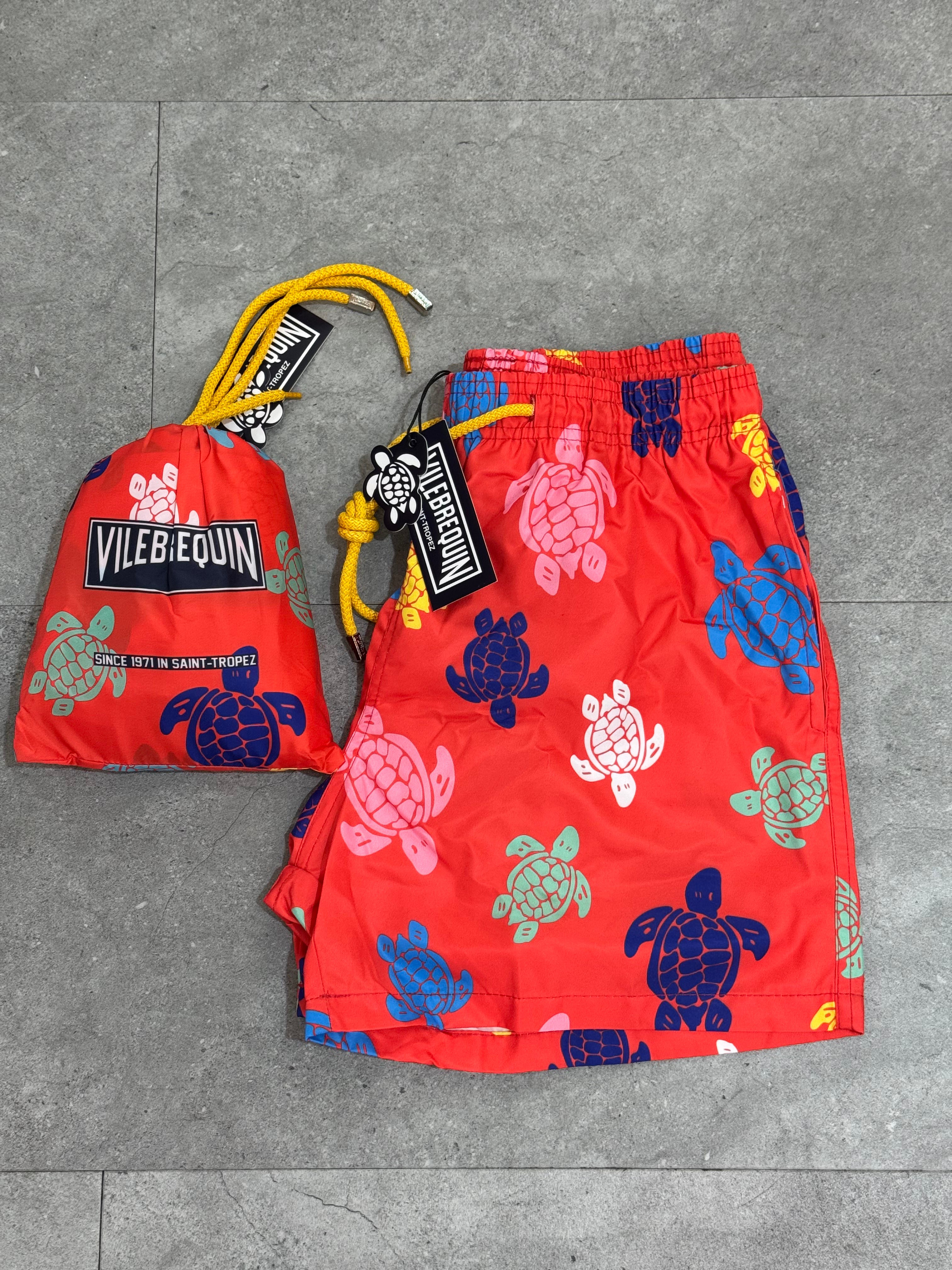 VILEBREQUIN Packable Multi-Color Turtles Swim Shorts – Red - NEW1786