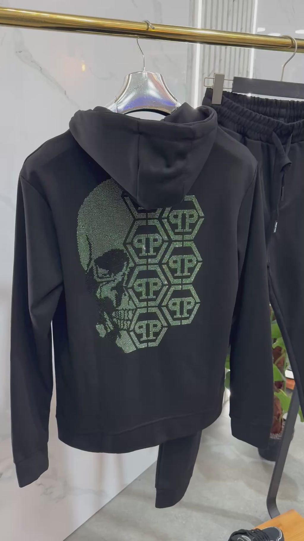 PHILIPP PLEIN Rhinestone Skull Hexagon Zipped Hoodie Tracksuit Set – Black - NEW1990