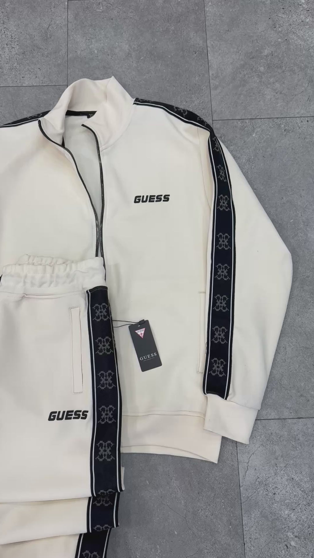 GUESS Logo Tape Tracksuit Set – Cream / Black - NEW1987