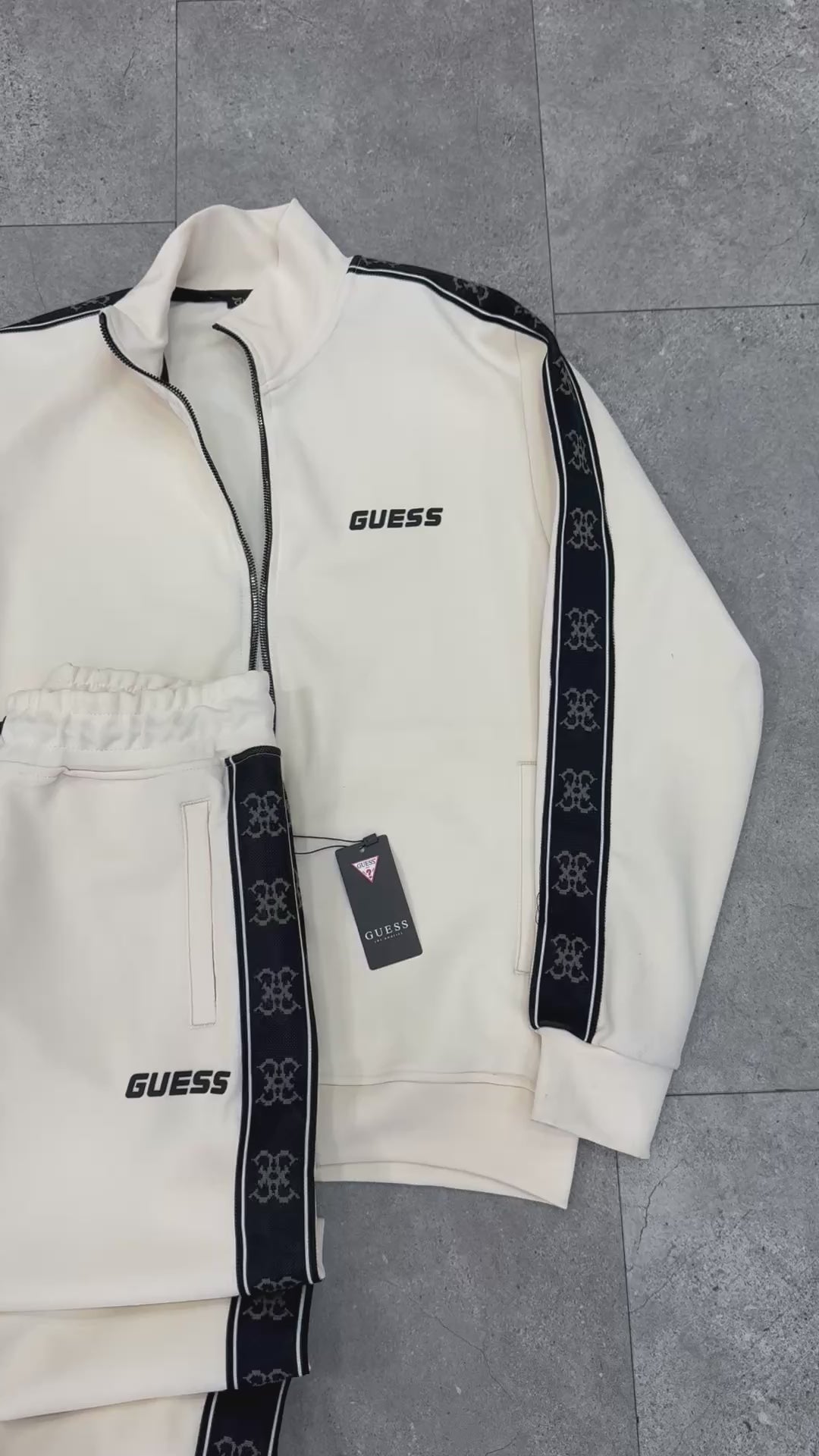 GUESS Logo Tape Tracksuit Set – Cream / Black - NEW1987